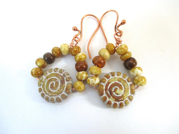 Circle of Life Rustic Boho Earrings with Czech Glass Dangles and Copper Wires