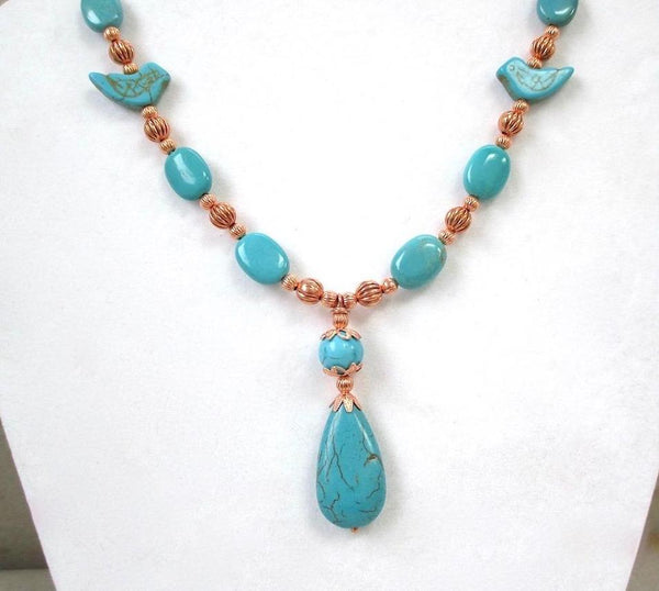 Turquoise Howlite Pendant Necklace Beaded with Stones and Copper