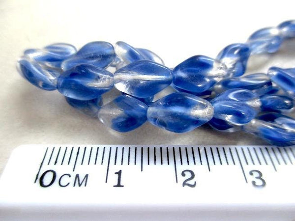 Blue and Clear Vintage Glass Beads 8mm Oblong Twist