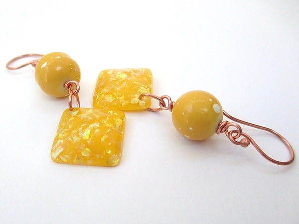 Bright Yellow Boho Earrings with Glitter Glass and Spotted Beads