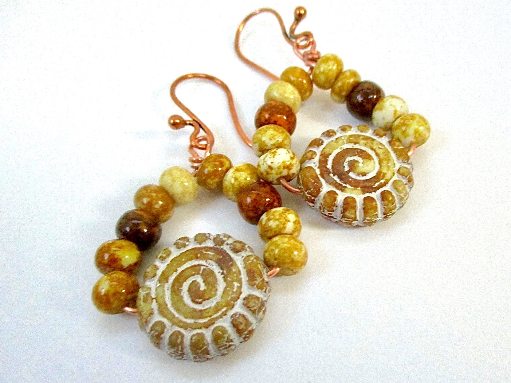 Circle of Life Rustic Boho Earrings with Czech Glass Dangles and Copper Wires