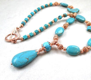 Turquoise Howlite Pendant Necklace Beaded with Stones and Copper