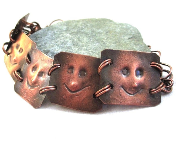 Hand Forged Copper Bracelet Primitive Gnomes Faces Antiqued Copper Unisex Link Bracelet